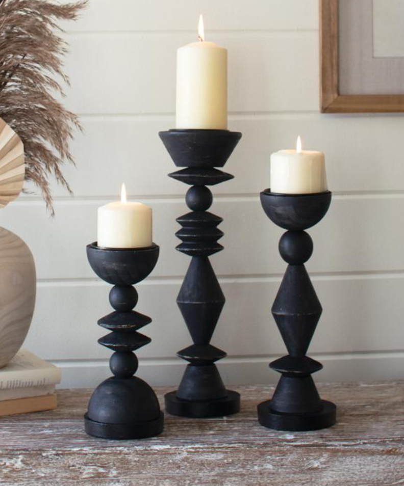 Black Turned Wood Candle Holders S/3