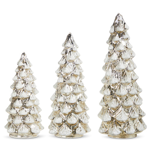 Snowy Silver Mercury Glass Lighted Trees s/3